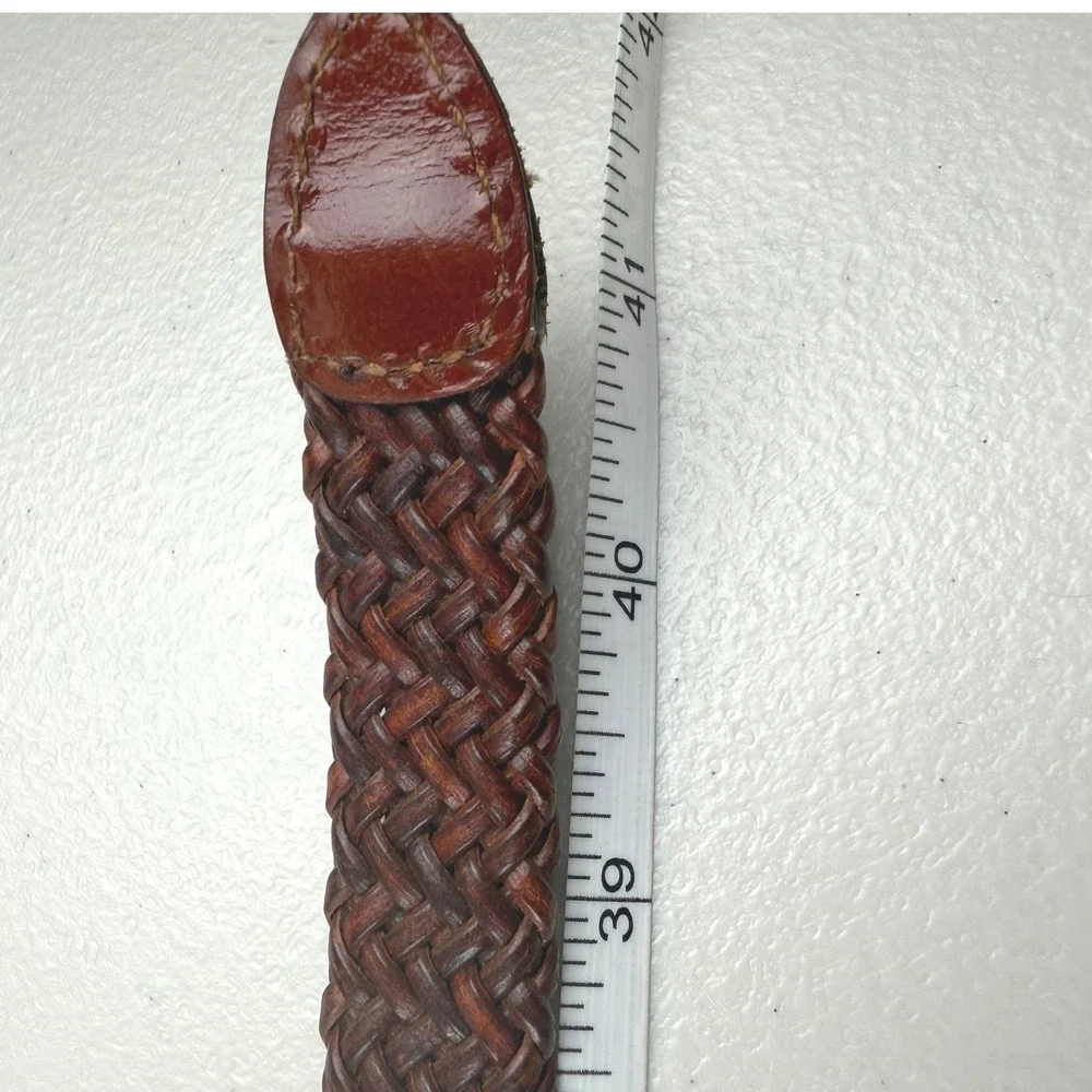 Brown Braided‎ Leather Belt Silver Solid Brass Buckle Woven Skinny Large 41 Inch